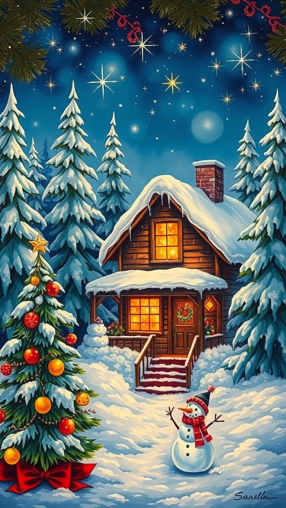 Festive Christmas Painting Ideas Christmas painting of a cabin in snow with a decorated tree and snowman.